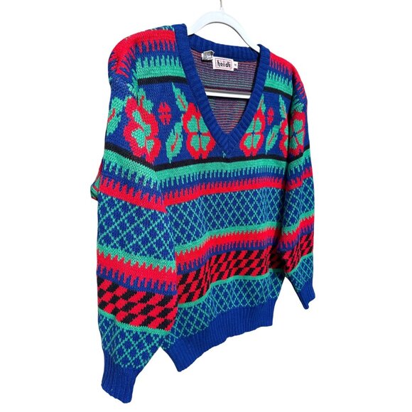 Vintage Heidi V-Neck Knit Sweater Floral & Geometric Patterns Korea M Acrylic - Picture 3 of 7